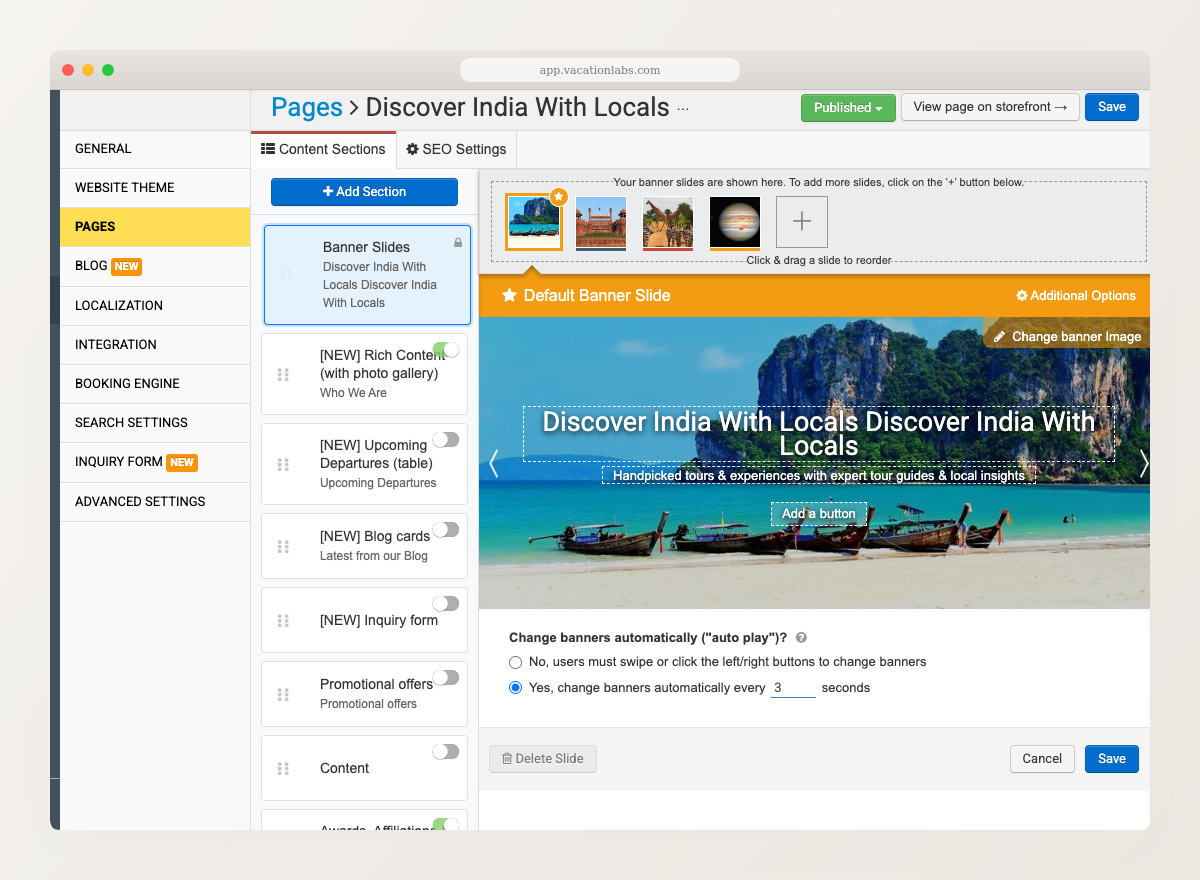Banner Slides editor showing slide thumbnails, banner preview, and auto-play settings