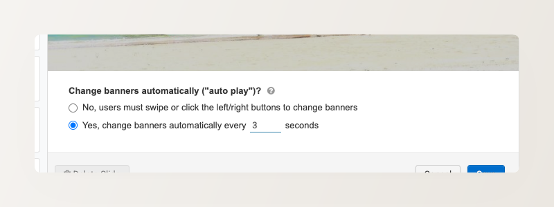 Banner Slides auto-play settings showing radio buttons for automatic rotation and interval field set to 3 seconds