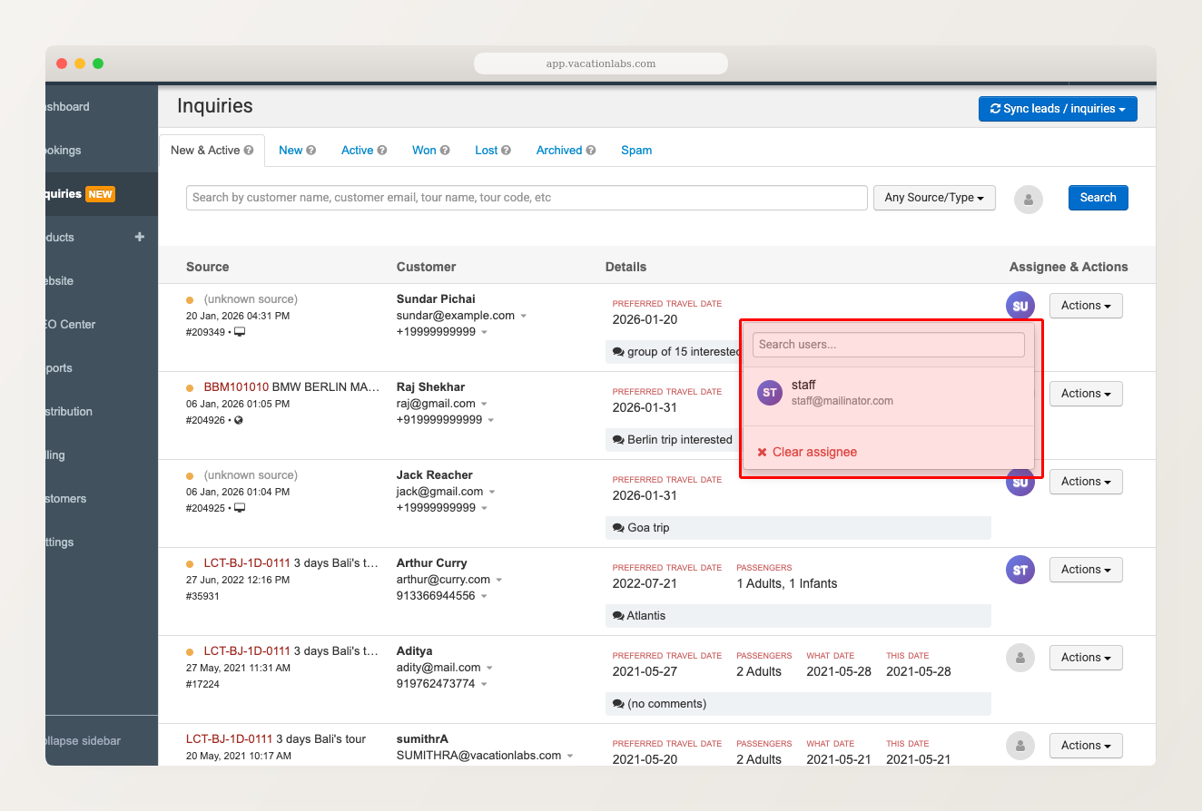 Inquiry row with assignee dropdown open showing search box, team member list, and Clear assignee link