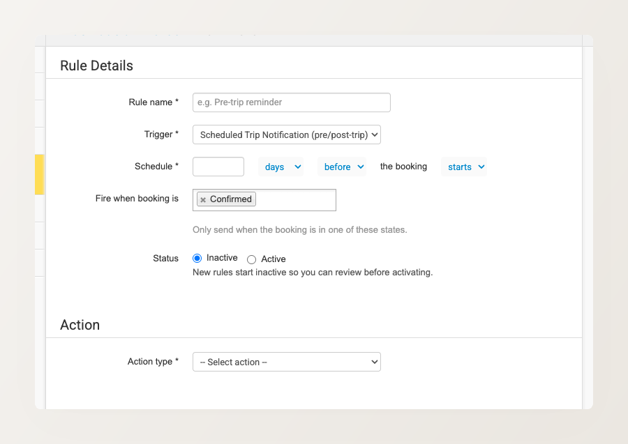 Backoffice screenshot of the scheduled trigger showing the timing offset row and the "Fire when booking is" state filter