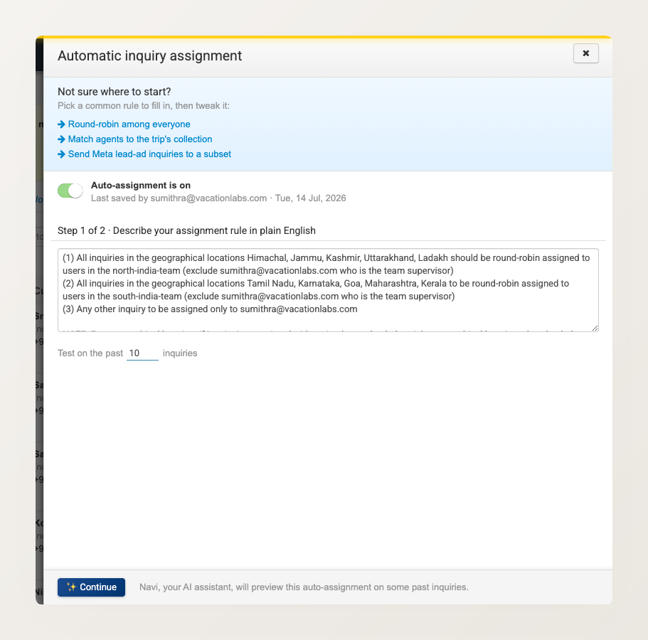 The automatic inquiry assignment panel, showing the plain-English rule box, starter-rule links, the enable toggle, and the Test on past inquiries field