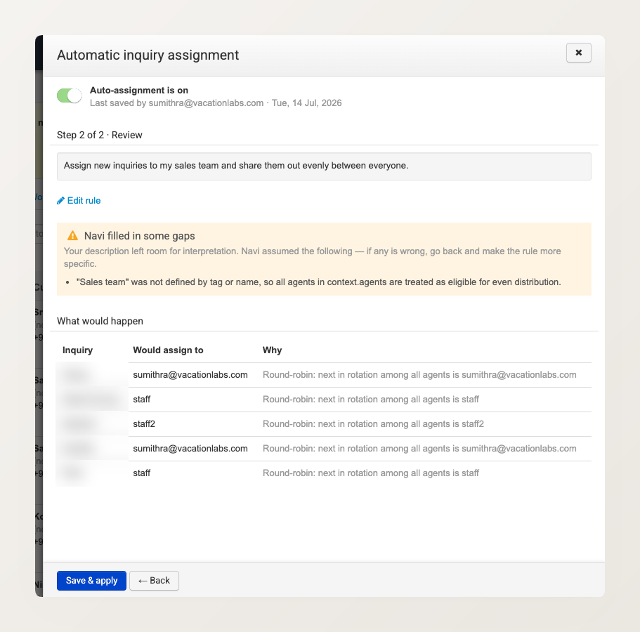 The Review step of automatic assignment, showing the What would happen table with columns for each inquiry, who it would be assigned to, and the reason