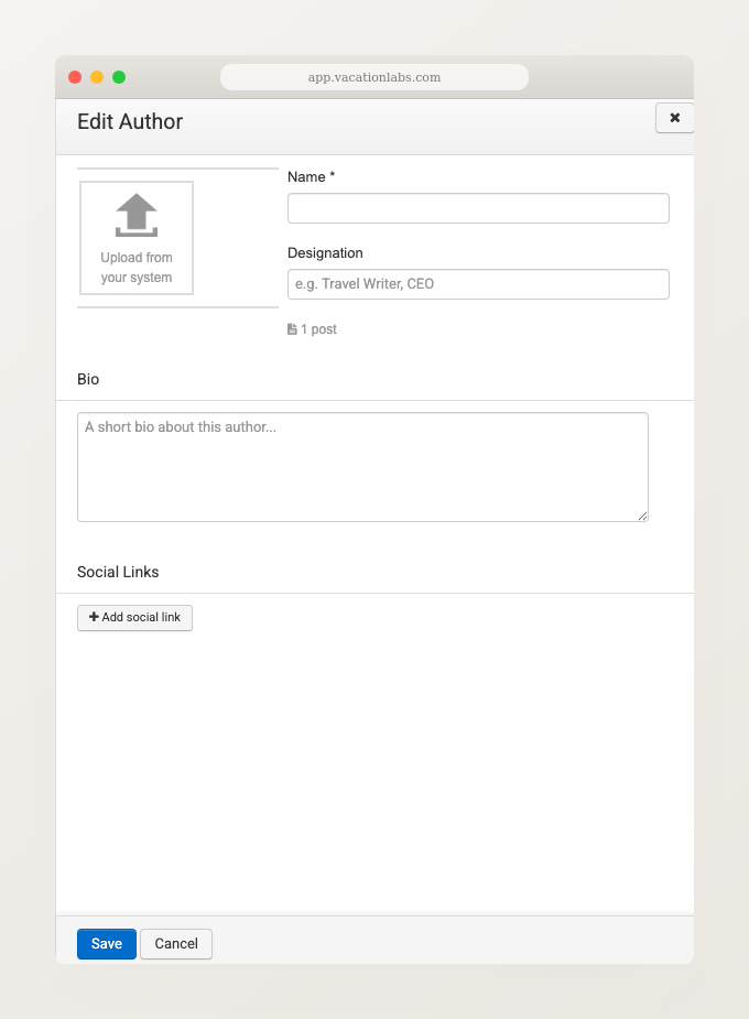Edit Author dialog showing name, designation, profile photo upload, bio textarea, and social links