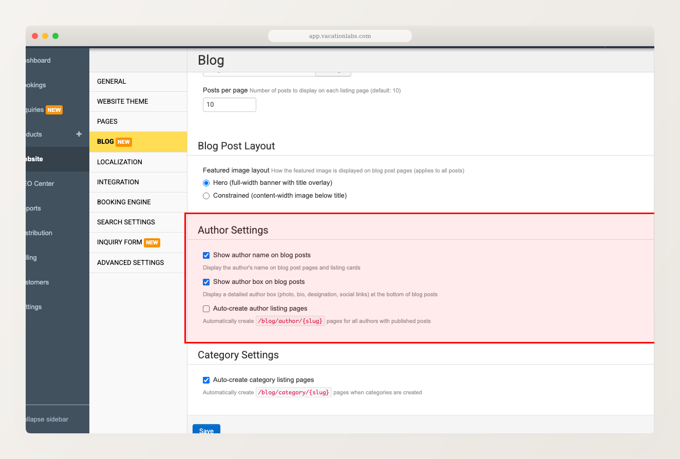 Blog Settings page with Author Settings section highlighted, showing three author-related toggles