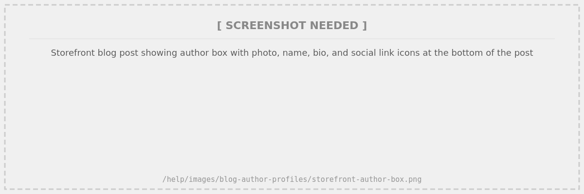 Storefront blog post showing author box with photo, name, bio, and social link icons at the bottom of the post