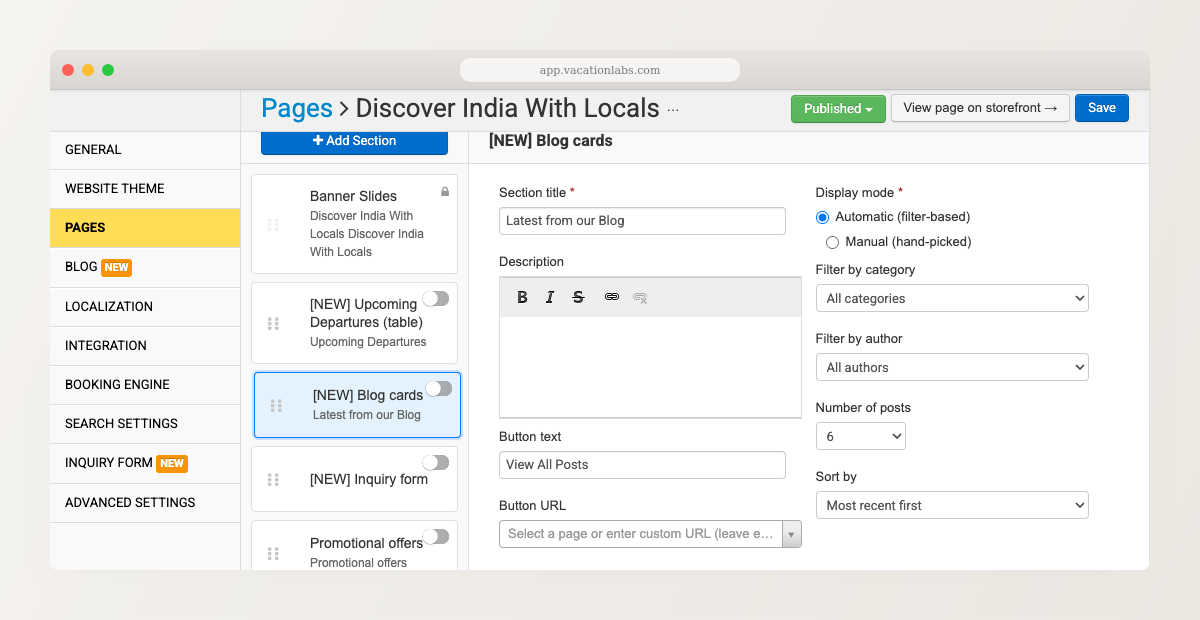 Blog Cards section editor showing Automatic/Manual mode toggle, category filter, sort order, and post count settings