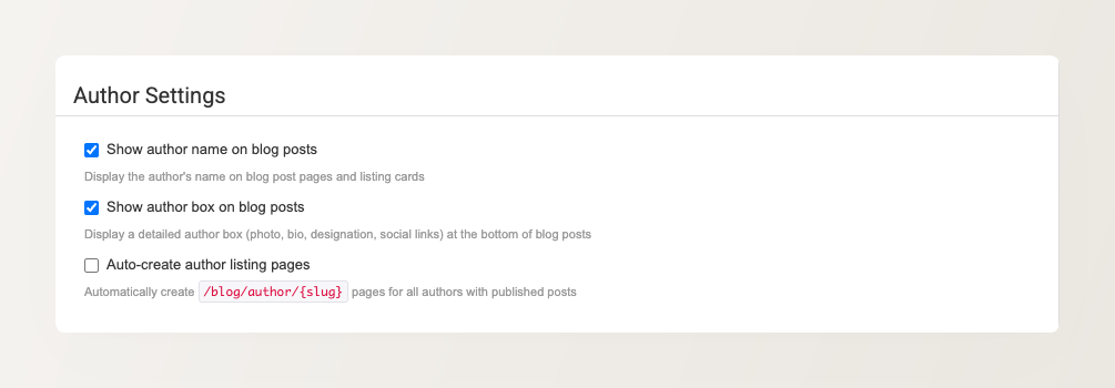 Author Settings showing three checkboxes: Show author name, Show author box, Auto-create author listing pages