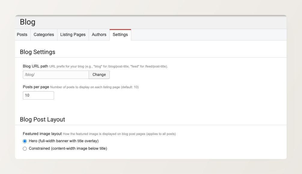 Blog Settings tab showing Blog URL path, Posts per page, and Blog Post Layout with Hero and Constrained radio options