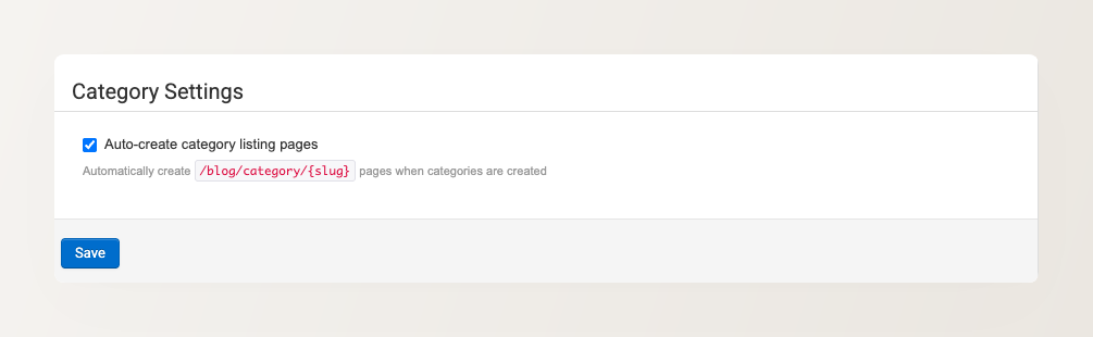 Category Settings showing Auto-create category listing pages checkbox