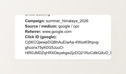 The attribution block on a booking's detail panel, showing Campaign, Source / medium, Referrer, and the Google click ID