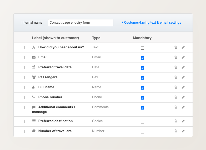 Inquiry form editor showing the Internal name box, the Customer-facing text and email settings link, and a list of fields with Label, Type and Mandatory columns