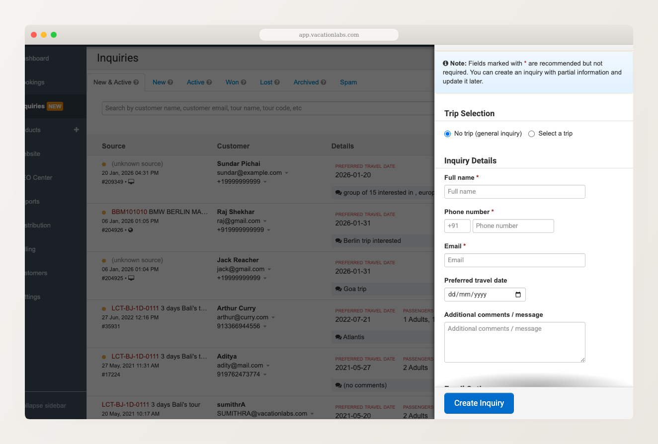 New Inquiry sidebar showing trip selection, form fields for name, phone, email, travel date, and comments