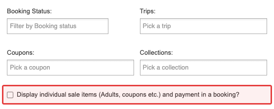 Product sales report booking filters with the Display individual sale items checkbox highlighted