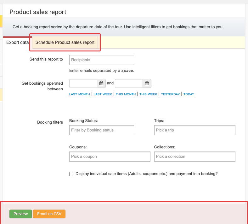 Product sales report page with the Schedule tab, Preview button, and Email as CSV button highlighted