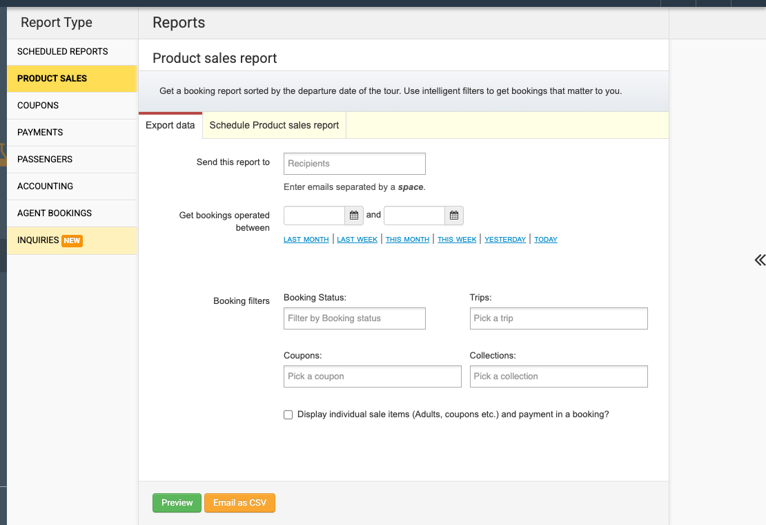 Reports section sidebar showing the Report Type list (Scheduled Reports, Product Sales, Coupons, Payments, Passengers, Accounting, Agent Bookings, Inquiries)