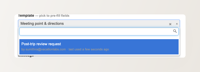 Backoffice screenshot of the composer Template dropdown open, listing saved templates
