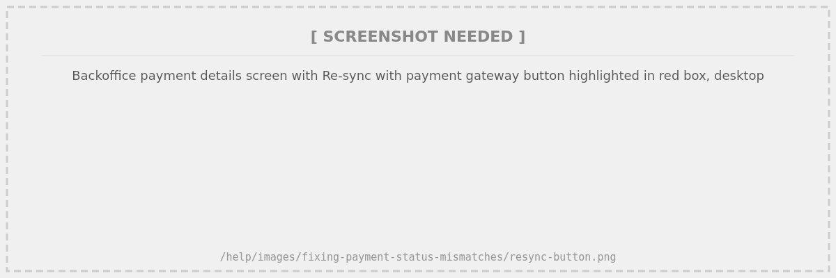 Backoffice desktop screenshot, tight crop of payment details screen with Re-sync button highlighted with red box