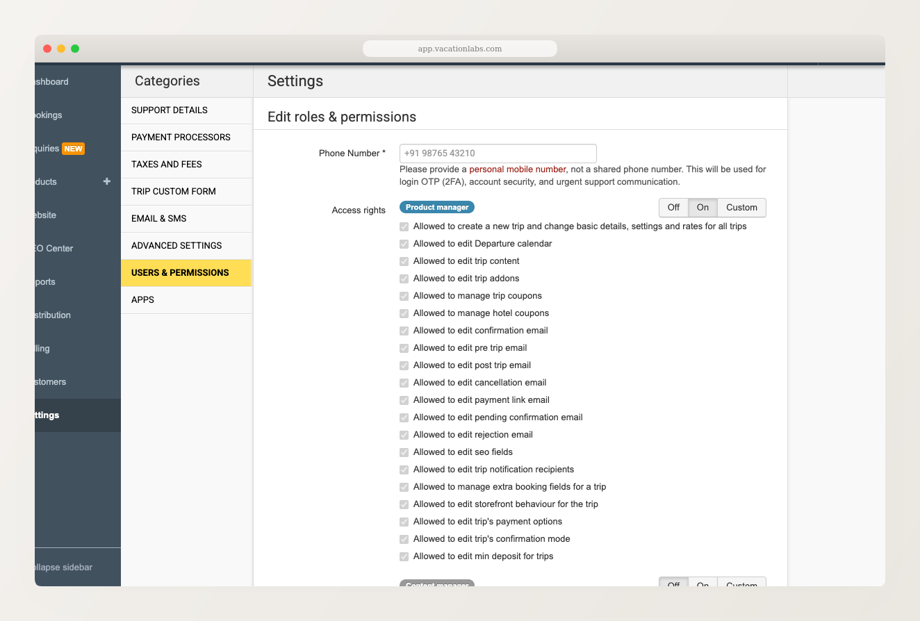 Edit roles & permissions page showing Phone Number field and role permission checkboxes