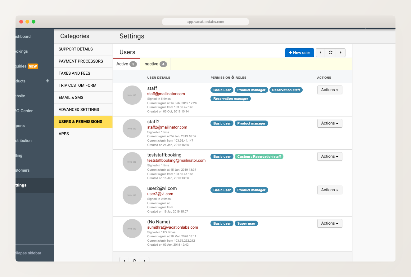 Users & Permissions page showing Active and Inactive tabs with user list, roles, and Actions dropdown