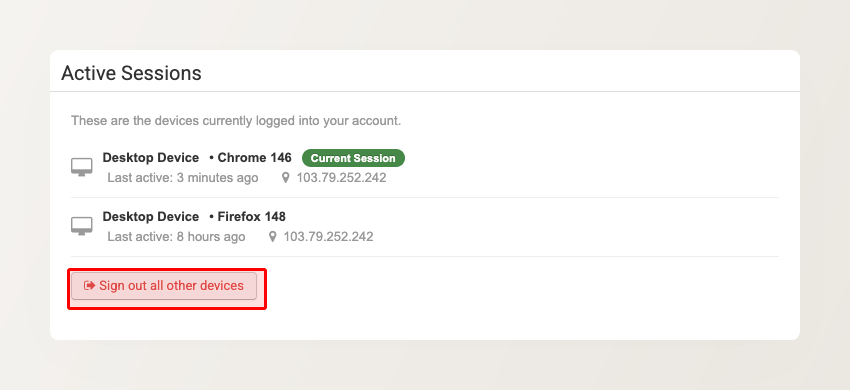 Active Sessions section showing logged-in devices with Sign out all other devices button highlighted