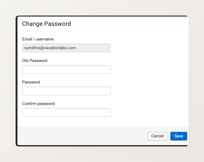 Change Password dialog with fields for old password, new password, and confirm password