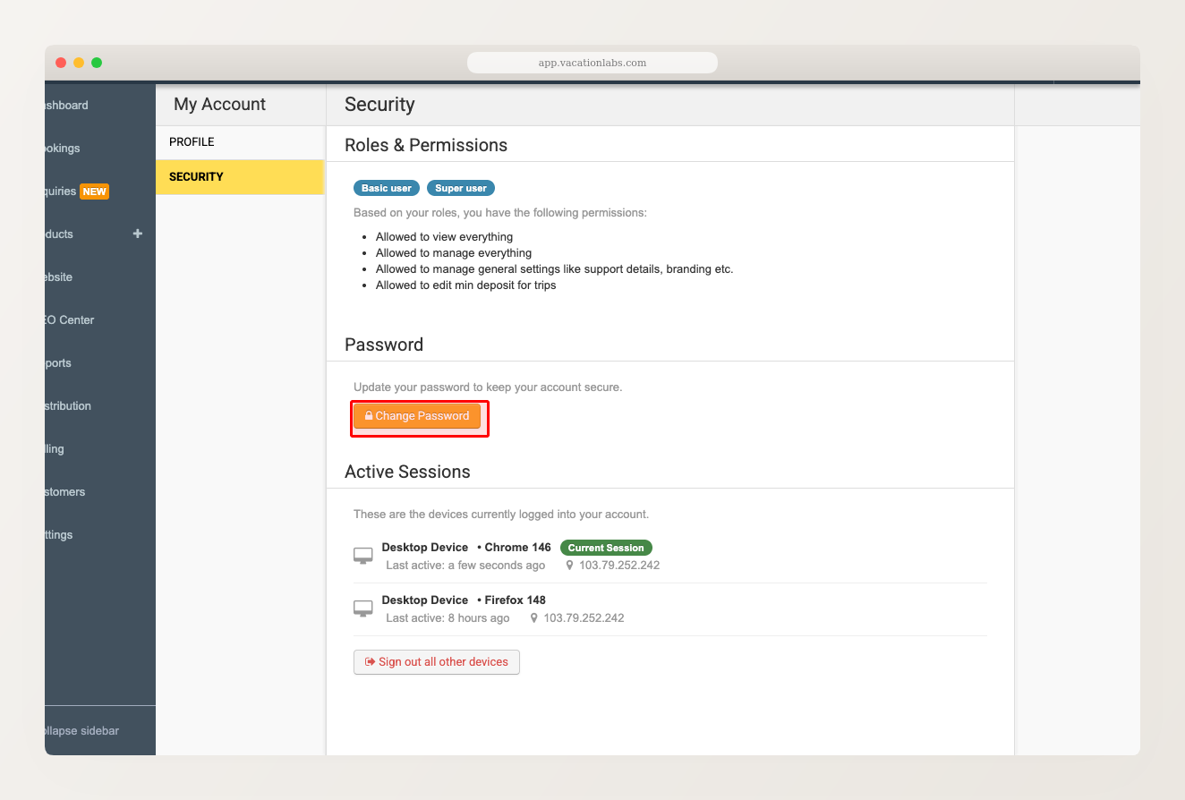 Security tab showing Roles & Permissions, Change Password button highlighted, and Active Sessions