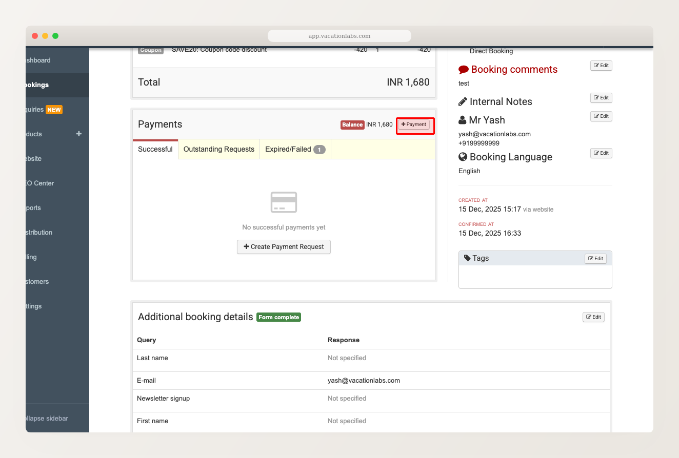 Booking detail page showing the Payments section with the + Payment button highlighted