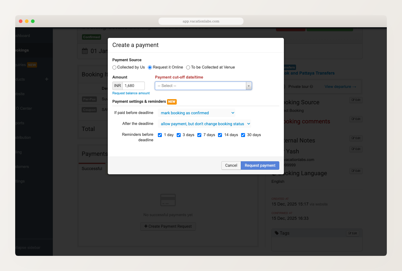 Create a payment dialog showing payment source options, amount field, and deadline fields