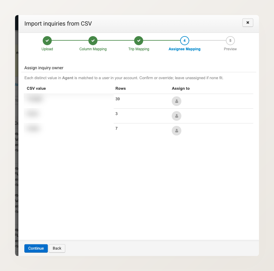 The Assignee Mapping step, listing each agent name from the CSV with its row count and a picker to assign it to a team member