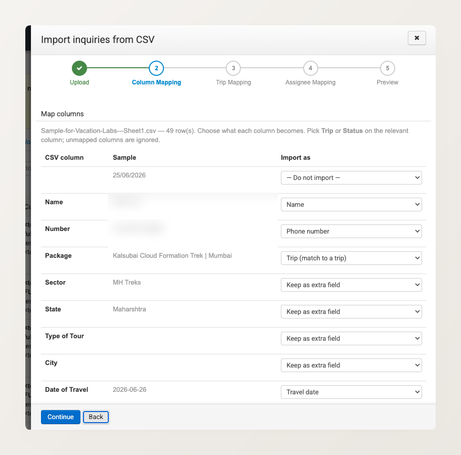 The Column Mapping step, showing each CSV column with a sample value and an "Import as" dropdown to map it to an inquiry field