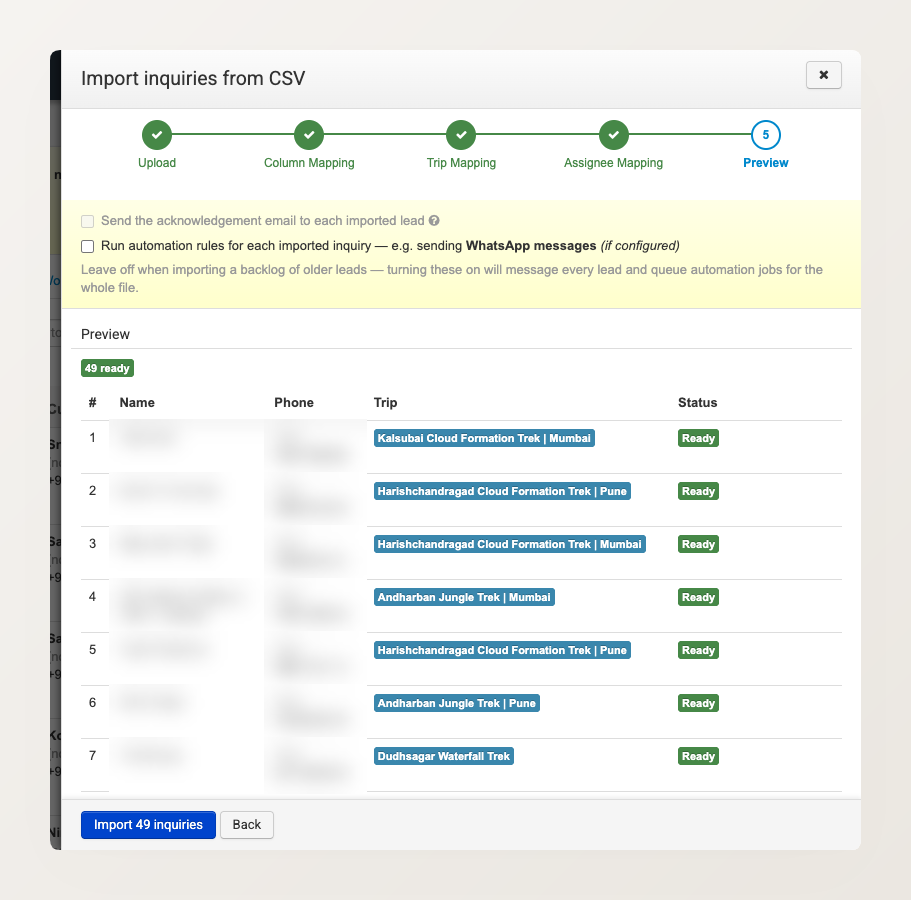 The Preview step, showing a table of inquiries ready to import with a Ready marker, and the two toggles for the acknowledgement email and automation rules