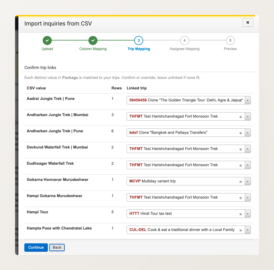 The Trip Mapping step, listing each distinct trip name from the CSV with its row count and the matched trip in an override dropdown