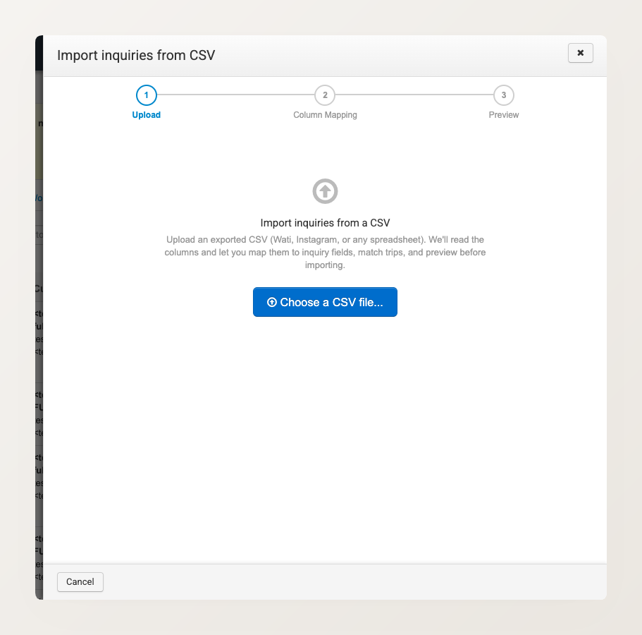 The Import inquiries from CSV wizard on the Upload step, showing the wizard steps and the Choose a CSV file button