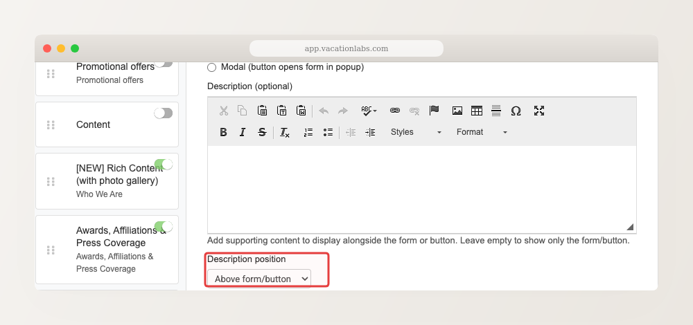 Backoffice desktop screenshot, tight crop of the description positioning options showing above/below/left/right