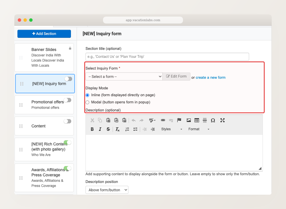 Backoffice desktop screenshot, tight crop of the inquiry form section settings panel showing form selector and display mode options