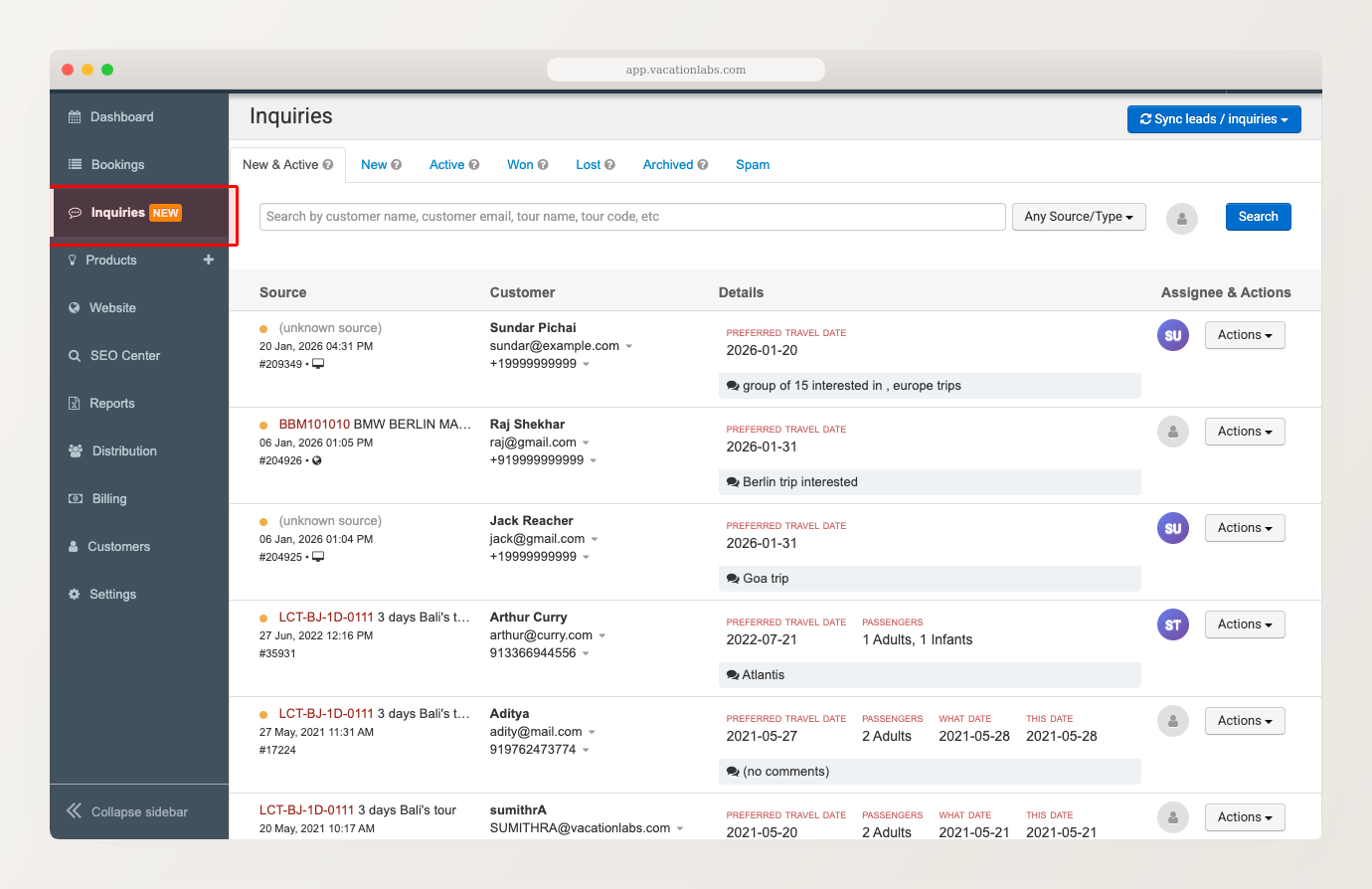 Backoffice inquiry list showing status tabs, search bar, source/type filter, and inquiry rows