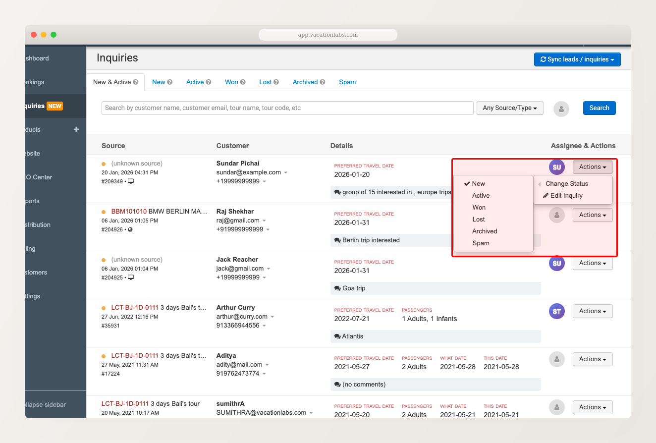 Inquiry row with Actions dropdown open showing Change Status submenu with options: New, Active, Won, Lost, Archived, Spam