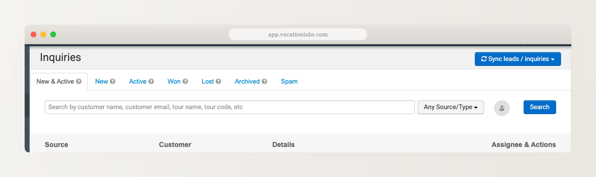Inquiry list header showing the seven status tabs, search bar, Source/Type filter, and table column headers