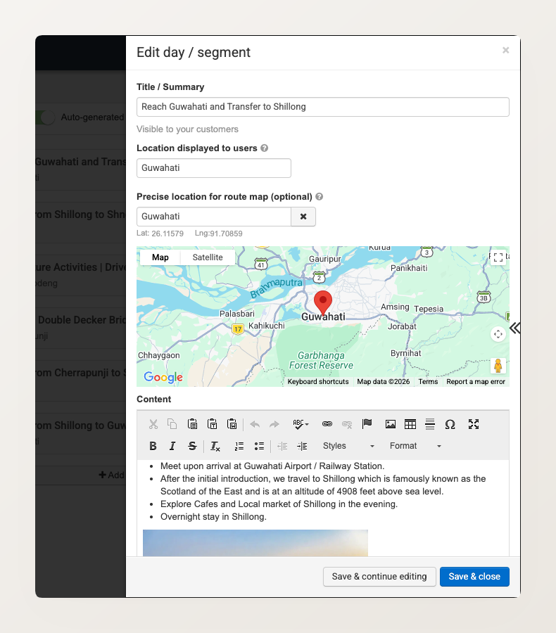 Segment edit panel showing title, location fields with Google Map, and content editor