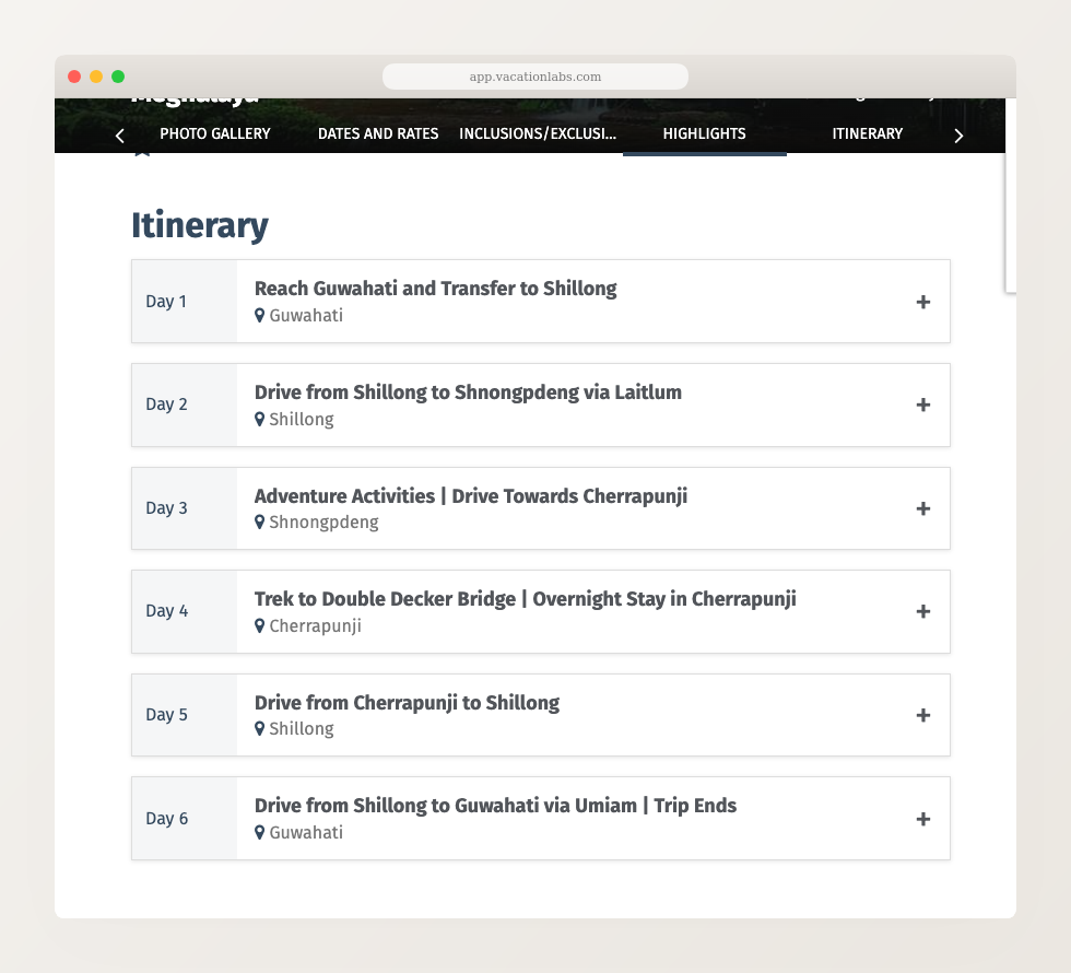 Storefront tour page showing itinerary with collapsible day cards — each showing day number, title, and location