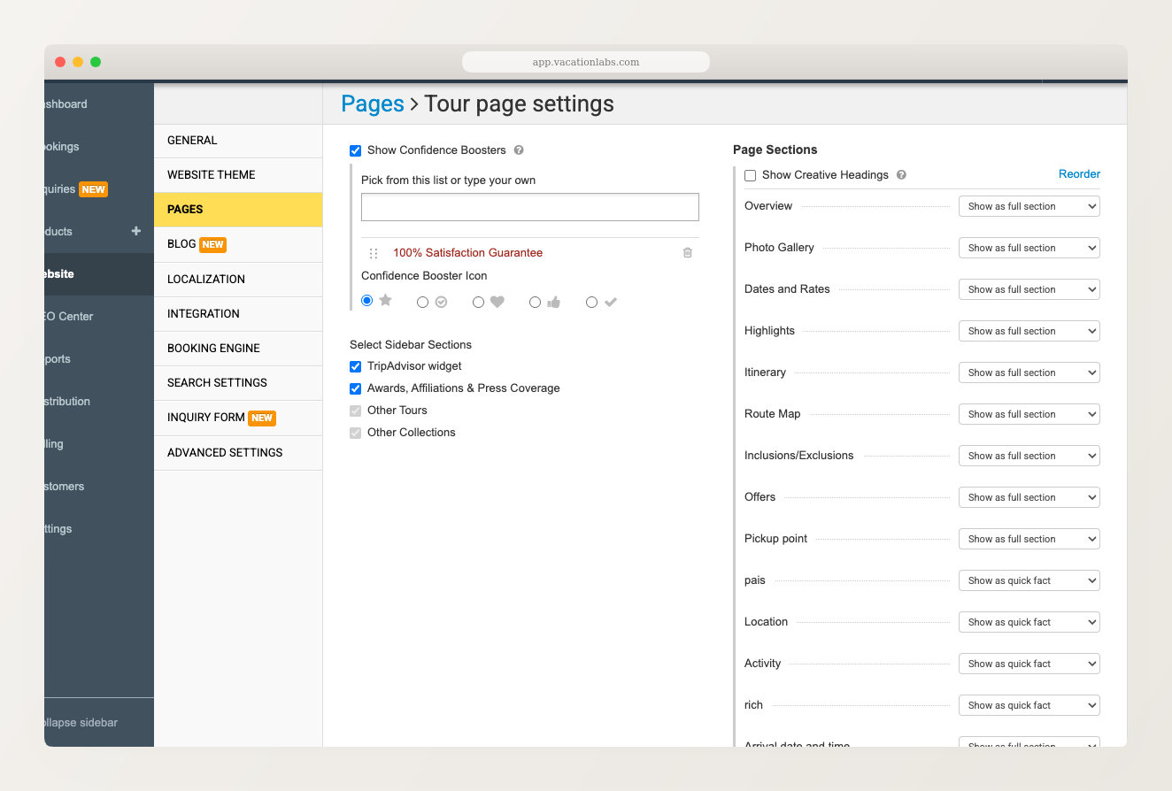 Tour page settings showing the Page Sections panel with section list and display mode dropdowns