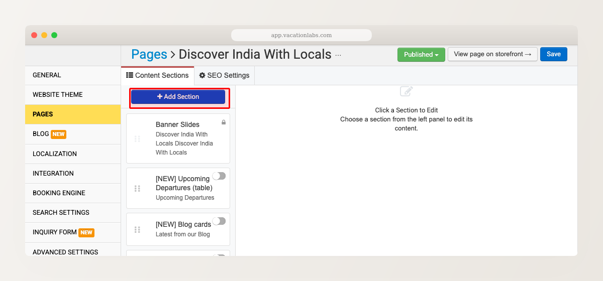 Backoffice page editor showing section list with red box around the + Add Section button