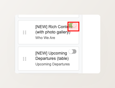 Section list showing enabled toggle (green) on Rich Content and disabled toggle (grey) on Upcoming Departures