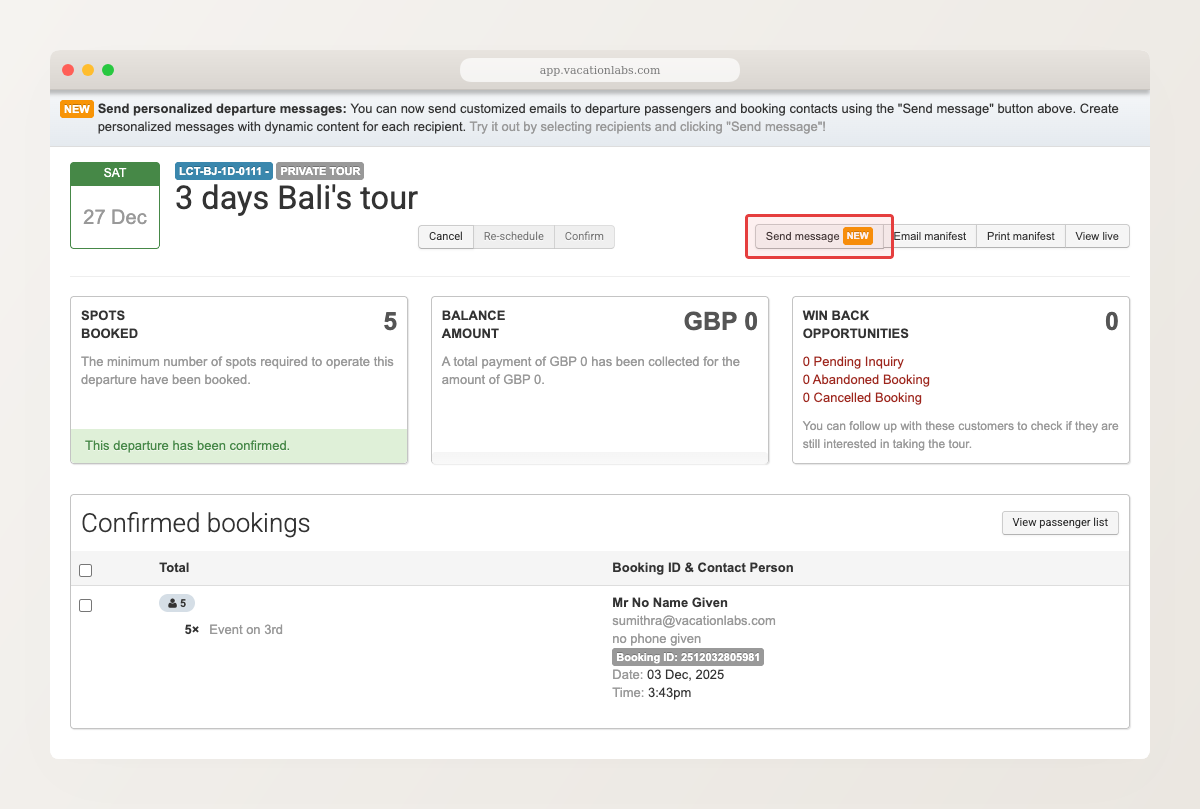 Departure details page showing trip name, summary cards, and the Send message button highlighted in the toolbar