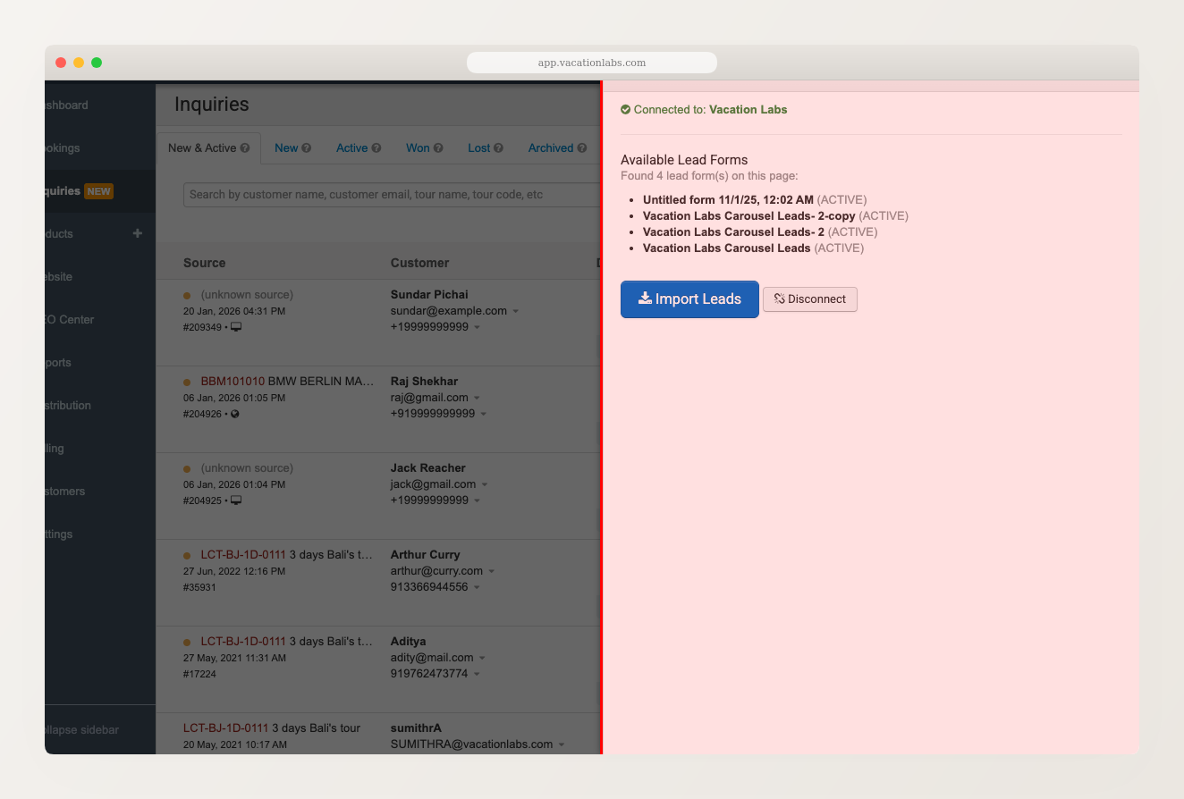 Meta Lead Ads Integration panel showing connected status, available lead forms, and Import Leads button