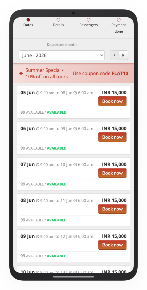 Booking form departure-date step on a mobile phone, showing the coupon promotion banner 'Summer Special - 10% off on all tours, Use coupon code FLAT10' above the list of available dates