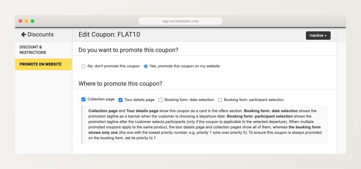 Coupon editor Promote on Website tab with "Yes, promote" selected and the collection and tour details pages chosen under "Where to promote this coupon?"