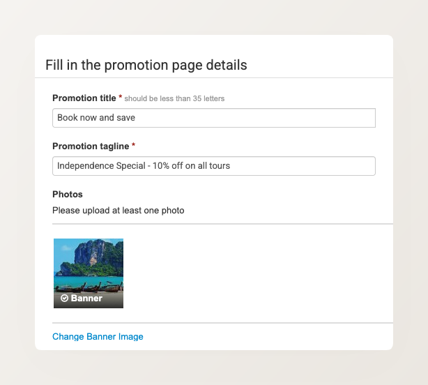 Promotion page details form showing the Promotion title and tagline fields and an uploaded banner photo