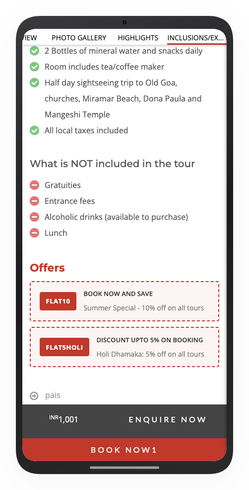 Tour page on a mobile phone showing an Offers section with two coupon cards -- FLAT10 'Summer Special - 10% off on all tours' and FLAT5HOLI 'Holi Dhamaka: 5% off on all tours'
