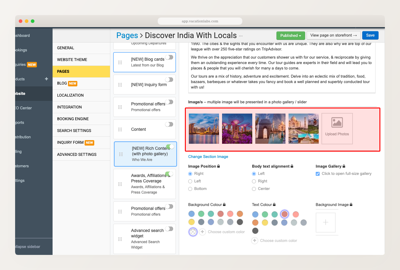Backoffice page editor showing Rich Content section with image thumbnails and Upload Photos button